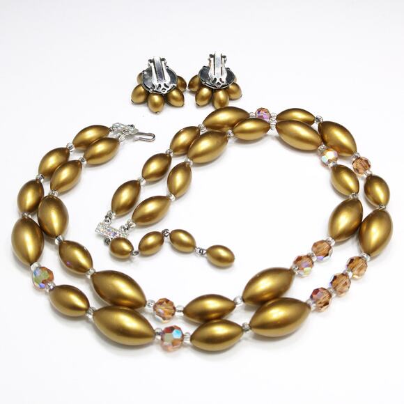 Vintage Gold Pearled & Crystal Beaded Necklace, Matching Clip Earrings, 1950 - Picture 5 of 10
